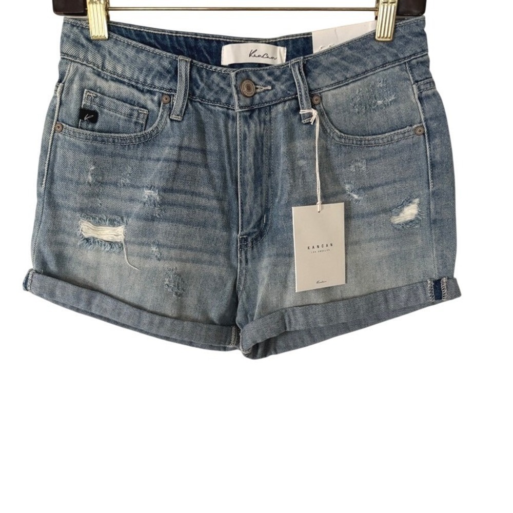 Kancan Shorts Women XS Blue High Rise Distressed Cuffed Denim NWT